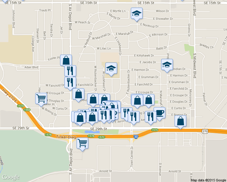 map of restaurants, bars, coffee shops, grocery stores, and more near 101 East Lockheed Drive in Oklahoma City