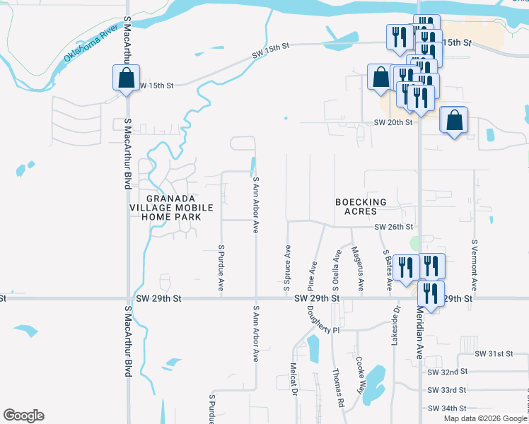 map of restaurants, bars, coffee shops, grocery stores, and more near 5200 Southwest 25th Street in Oklahoma City