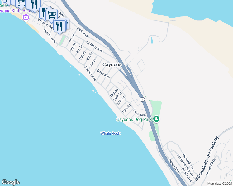 map of restaurants, bars, coffee shops, grocery stores, and more near 40 15th Street in Cayucos