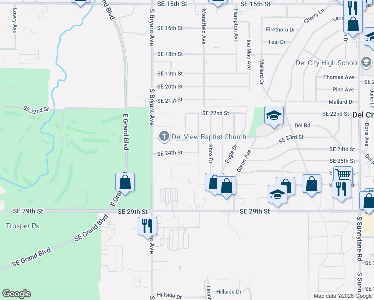 map of restaurants, bars, coffee shops, grocery stores, and more near 3300 Southeast 24th Street in Del City
