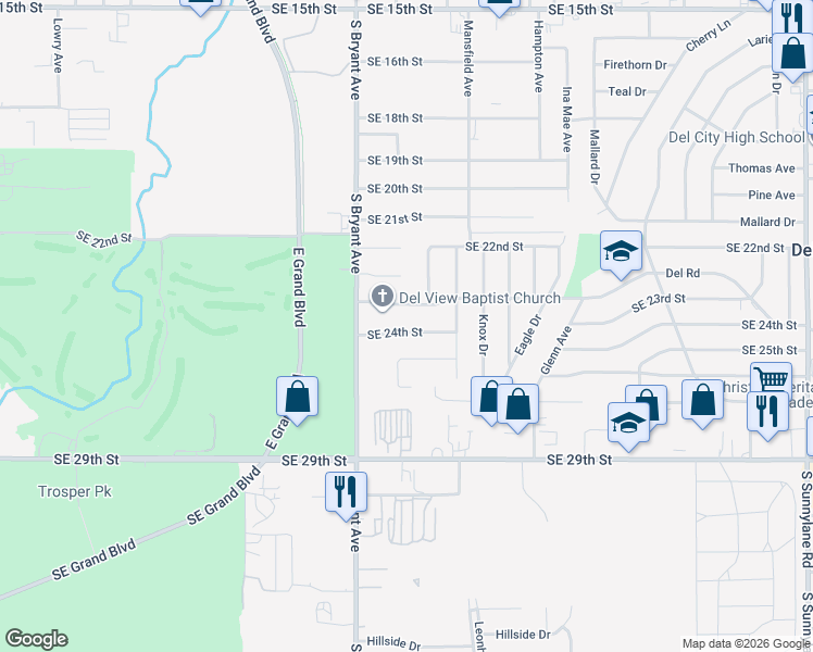 map of restaurants, bars, coffee shops, grocery stores, and more near 3300 Southeast 24th Street in Del City
