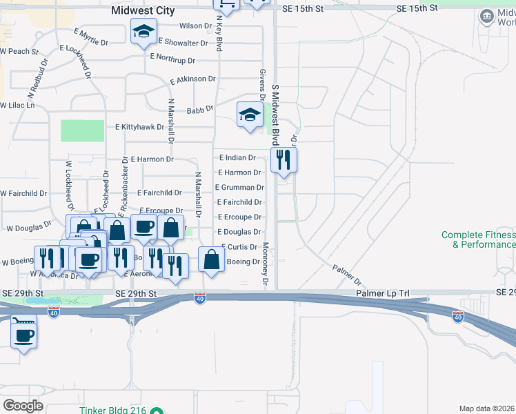 map of restaurants, bars, coffee shops, grocery stores, and more near 410 Monroney Drive in Midwest City