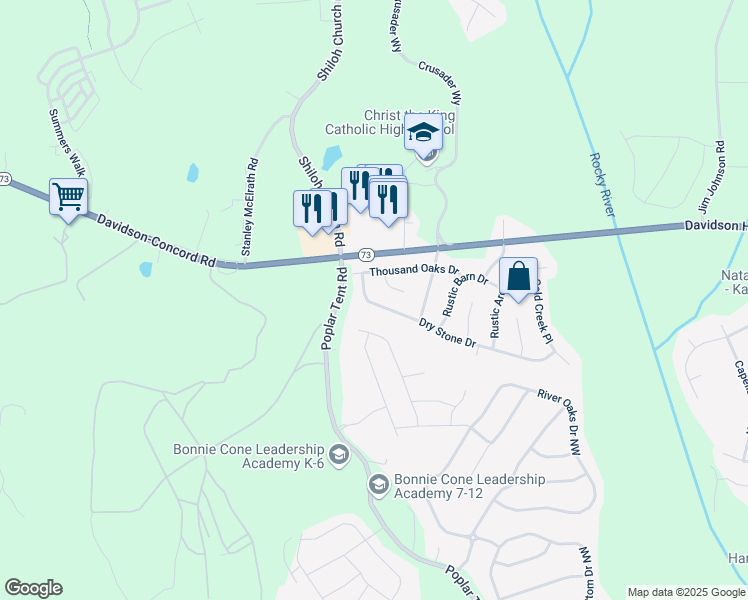 map of restaurants, bars, coffee shops, grocery stores, and more near 11042 Dry Stone Drive in Huntersville