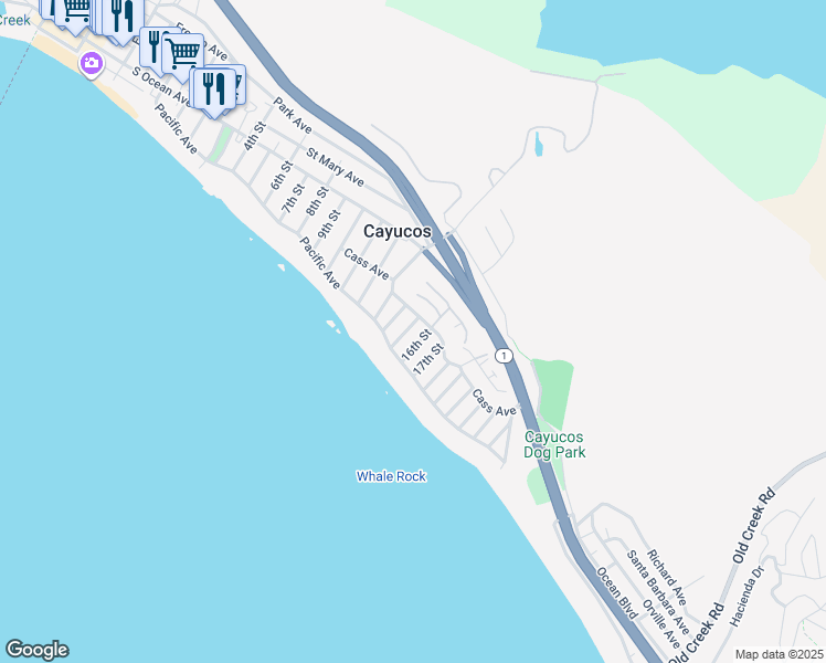 map of restaurants, bars, coffee shops, grocery stores, and more near 40 15th Street in Cayucos