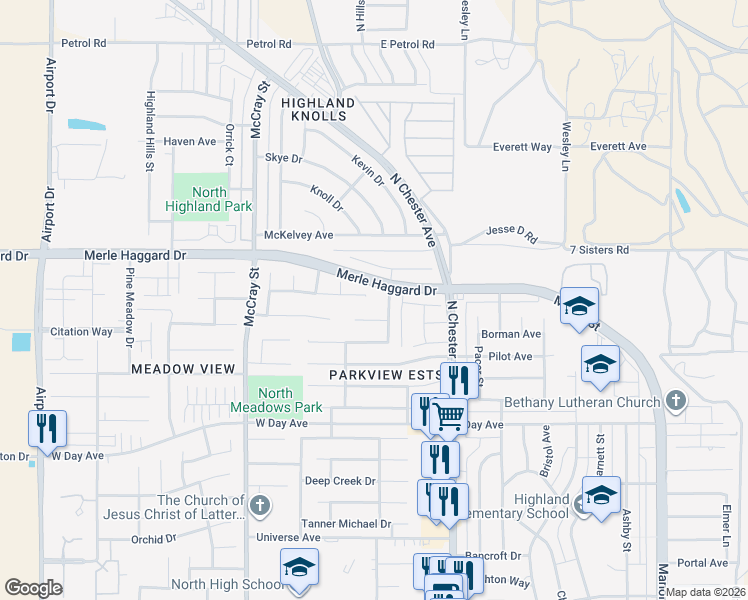 map of restaurants, bars, coffee shops, grocery stores, and more near 239 Dani Rose Lane in Bakersfield
