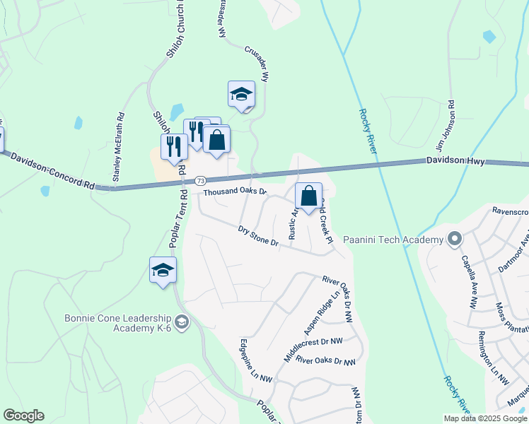 map of restaurants, bars, coffee shops, grocery stores, and more near 1832 Rustic Barn Drive in Huntersville