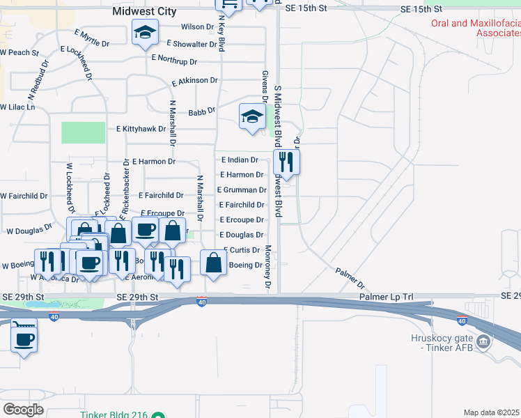 map of restaurants, bars, coffee shops, grocery stores, and more near 544 East Fairchild Drive in Midwest City