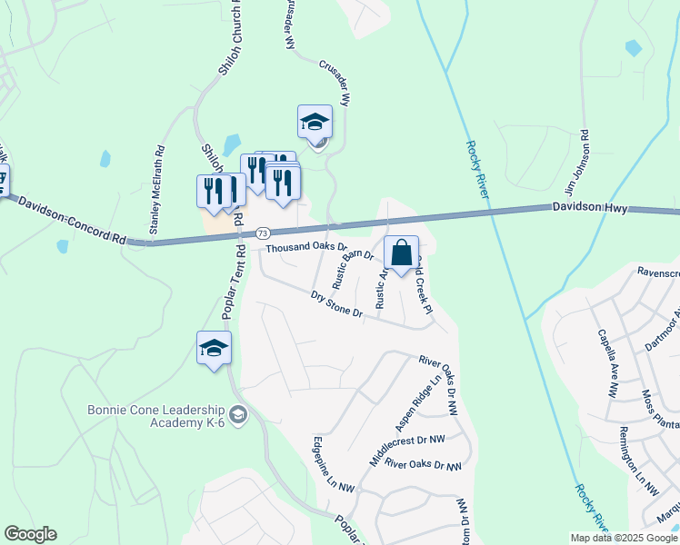 map of restaurants, bars, coffee shops, grocery stores, and more near 1831 Rustic Barn Drive in Huntersville