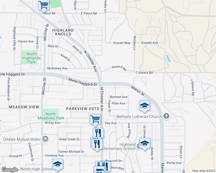 map of restaurants, bars, coffee shops, grocery stores, and more near 4207 Manor Street in Bakersfield