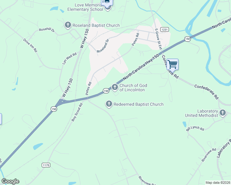 map of restaurants, bars, coffee shops, grocery stores, and more near 1425 North Carolina Highway 150 in Lincolnton