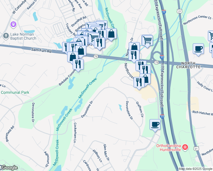 map of restaurants, bars, coffee shops, grocery stores, and more near 9616 Devonshire Drive in Huntersville