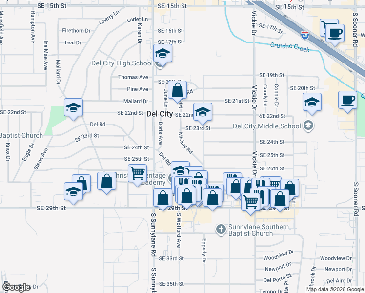 map of restaurants, bars, coffee shops, grocery stores, and more near 2517 Mickey Road in Del City