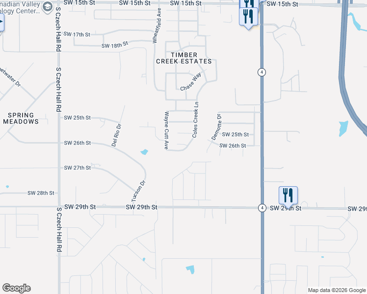 map of restaurants, bars, coffee shops, grocery stores, and more near 2632 Coles Creek Lane in Yukon
