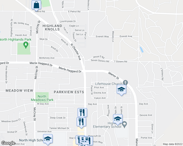 map of restaurants, bars, coffee shops, grocery stores, and more near 4203 Manor Street in Bakersfield