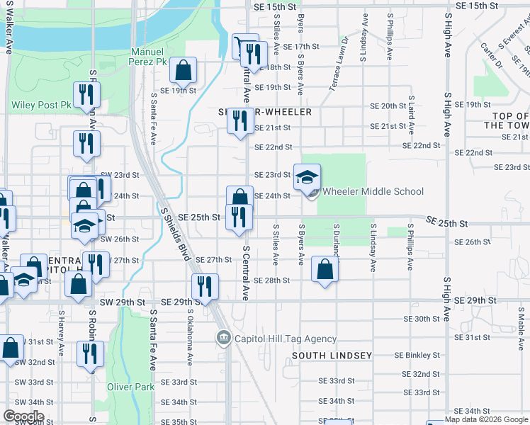 map of restaurants, bars, coffee shops, grocery stores, and more near 312 Southeast 25th Street in Oklahoma City