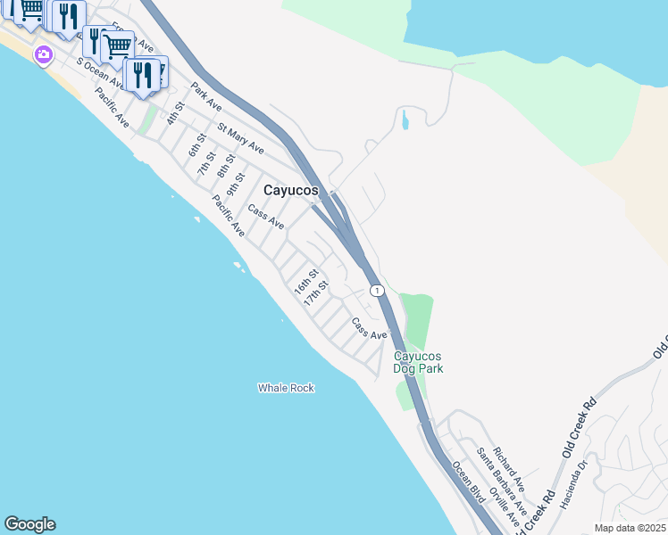 map of restaurants, bars, coffee shops, grocery stores, and more near 1625 Cass Avenue in Cayucos