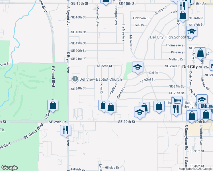map of restaurants, bars, coffee shops, grocery stores, and more near 2505 Becker Place in Del City