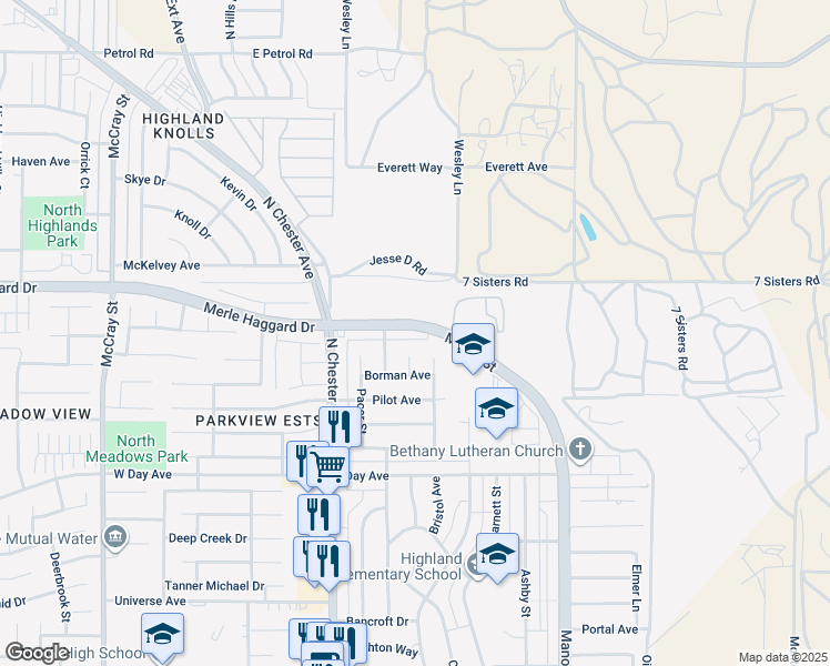 map of restaurants, bars, coffee shops, grocery stores, and more near 3609 Timberline Street in Bakersfield