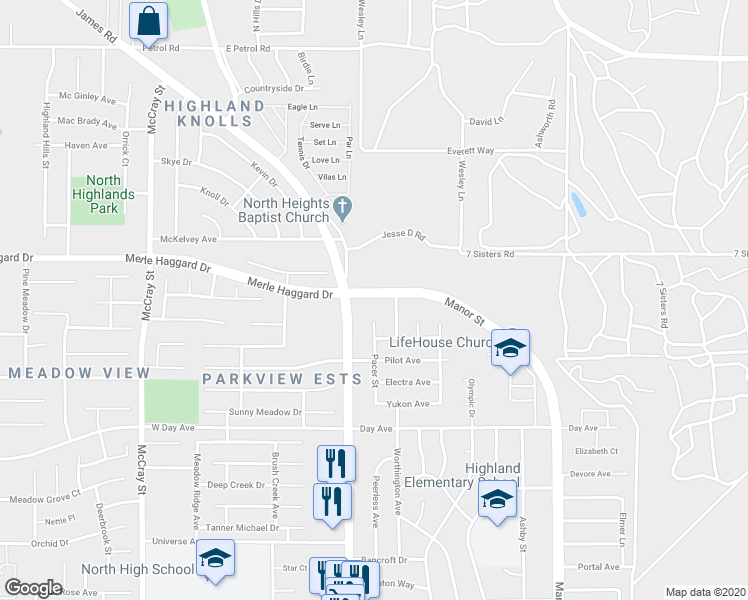 map of restaurants, bars, coffee shops, grocery stores, and more near 3609 Pacer Street in Bakersfield