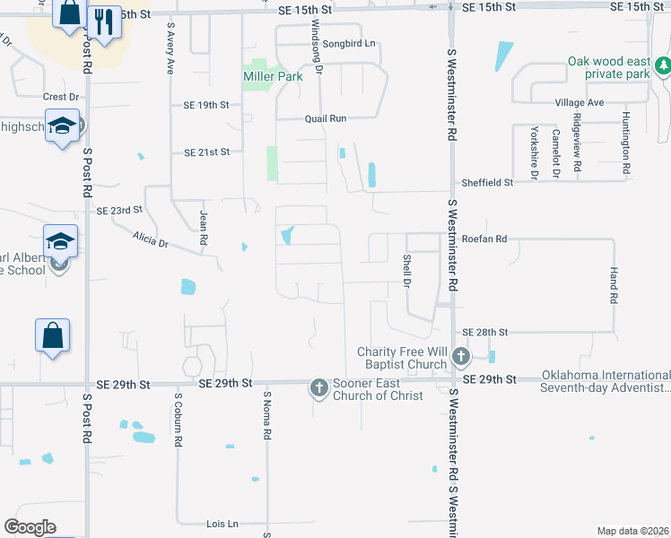 map of restaurants, bars, coffee shops, grocery stores, and more near 2400 Snapper Ln in Oklahoma City