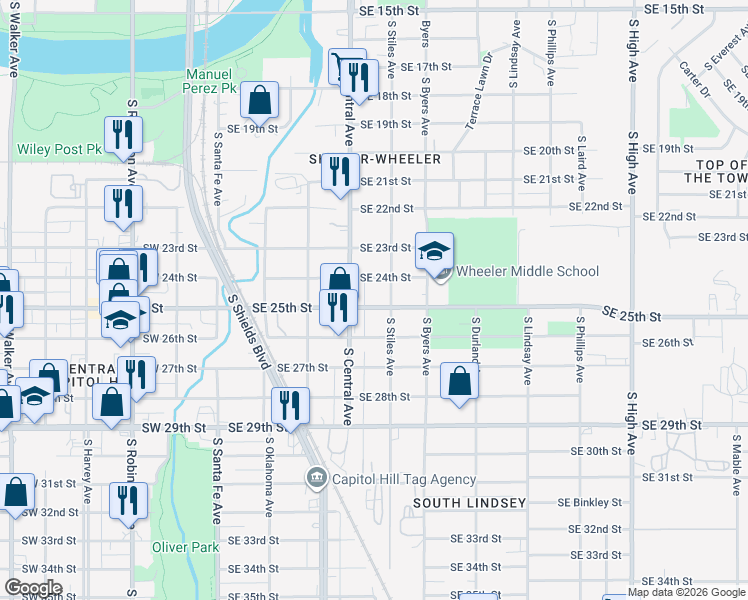map of restaurants, bars, coffee shops, grocery stores, and more near 312 Southeast 25th Street in Oklahoma City
