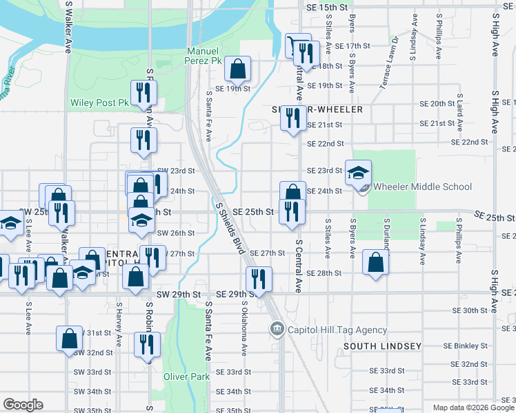 map of restaurants, bars, coffee shops, grocery stores, and more near 132 Southeast 25th Street in Oklahoma City