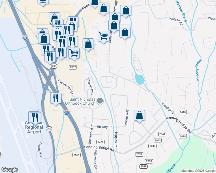 map of restaurants, bars, coffee shops, grocery stores, and more near 43 Wilkie Way in Fletcher