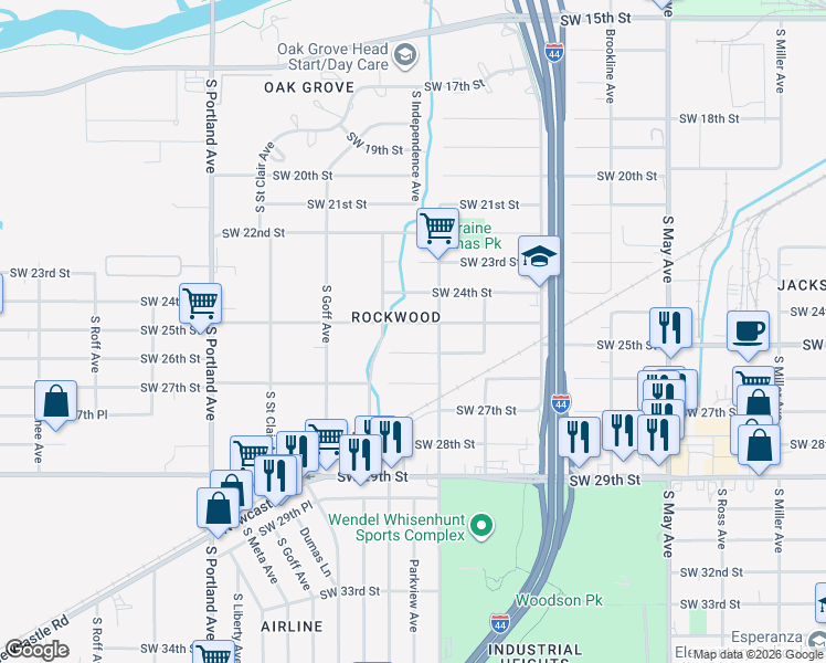 map of restaurants, bars, coffee shops, grocery stores, and more near 3308 Southwest 26th Street in Oklahoma City