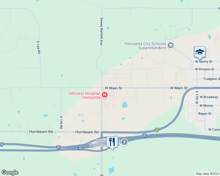 map of restaurants, bars, coffee shops, grocery stores, and more near 2301 West Main Street in Henryetta