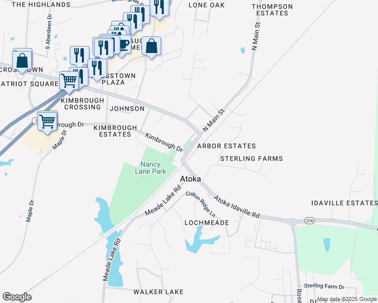 map of restaurants, bars, coffee shops, grocery stores, and more near 709 Atoka Idaville Road in Atoka