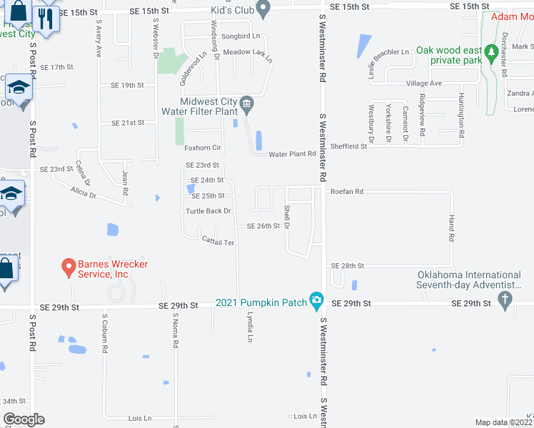map of restaurants, bars, coffee shops, grocery stores, and more near 10652 Turtle Back Drive in Oklahoma City