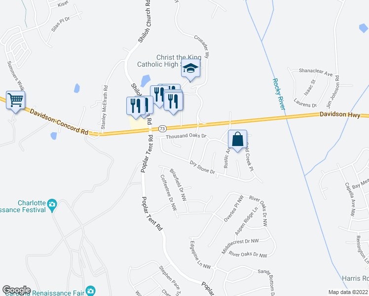 map of restaurants, bars, coffee shops, grocery stores, and more near 1910 Slumber Oaks Court in Huntersville