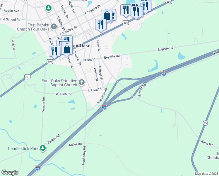 map of restaurants, bars, coffee shops, grocery stores, and more near 217 George Street in Four Oaks