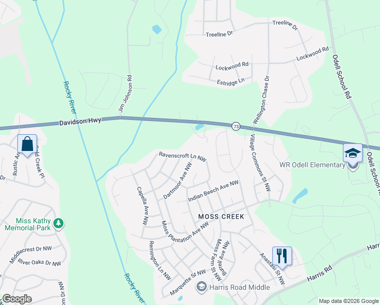 map of restaurants, bars, coffee shops, grocery stores, and more near 9745 Davidson Highway in Concord