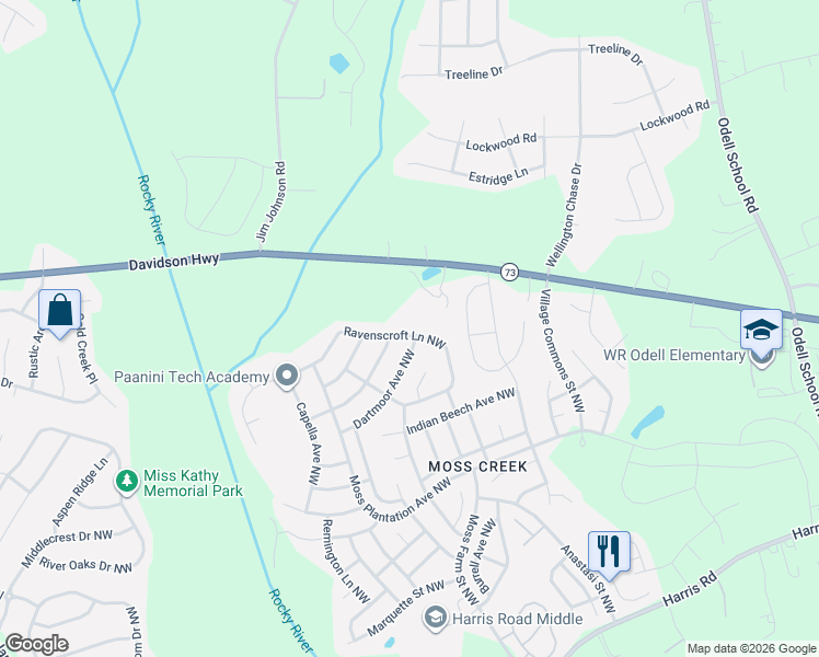 map of restaurants, bars, coffee shops, grocery stores, and more near 9745 Davidson Highway in Concord