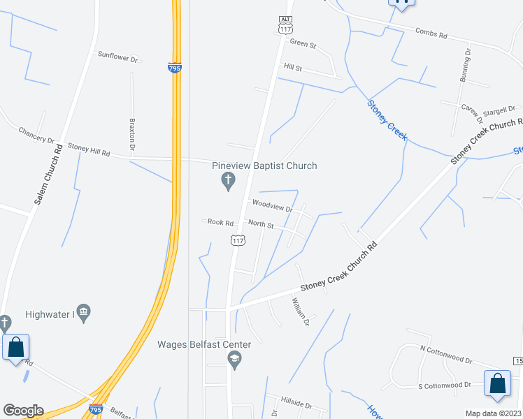 map of restaurants, bars, coffee shops, grocery stores, and more near 308 Woodview Drive in Goldsboro