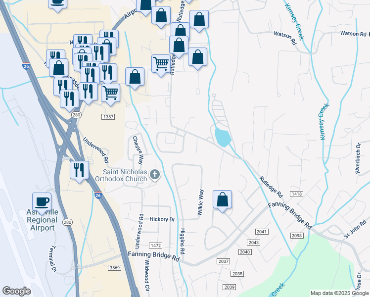 map of restaurants, bars, coffee shops, grocery stores, and more near 348 Wiltshire Circle in Fletcher