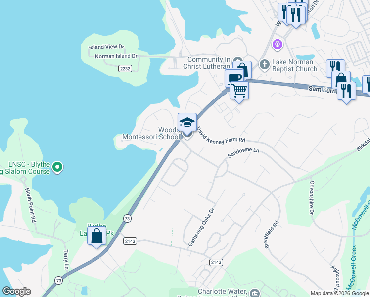 map of restaurants, bars, coffee shops, grocery stores, and more near 15116 Norman View Lane in Huntersville