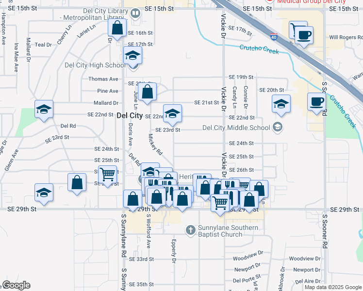 map of restaurants, bars, coffee shops, grocery stores, and more near 4508 Southeast 24th Street in Del City