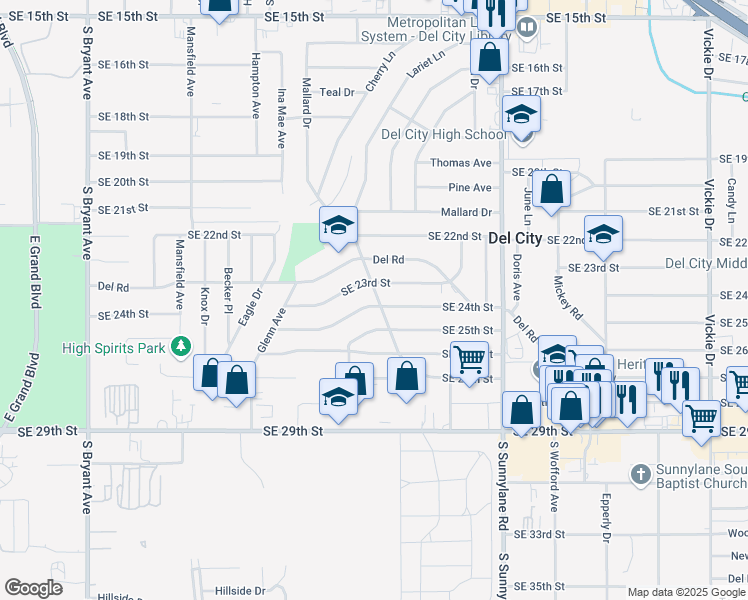 map of restaurants, bars, coffee shops, grocery stores, and more near 3825 Southeast 23rd Street in Del City