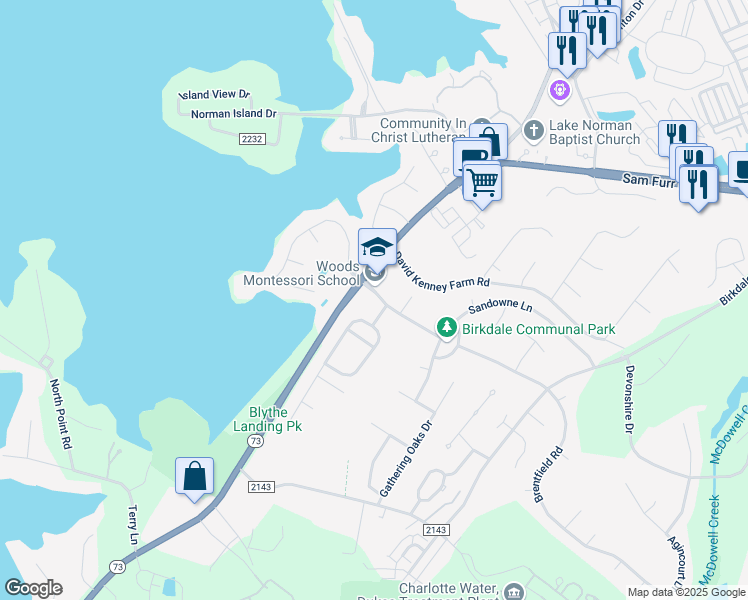 map of restaurants, bars, coffee shops, grocery stores, and more near 15116 Norman View Lane in Huntersville