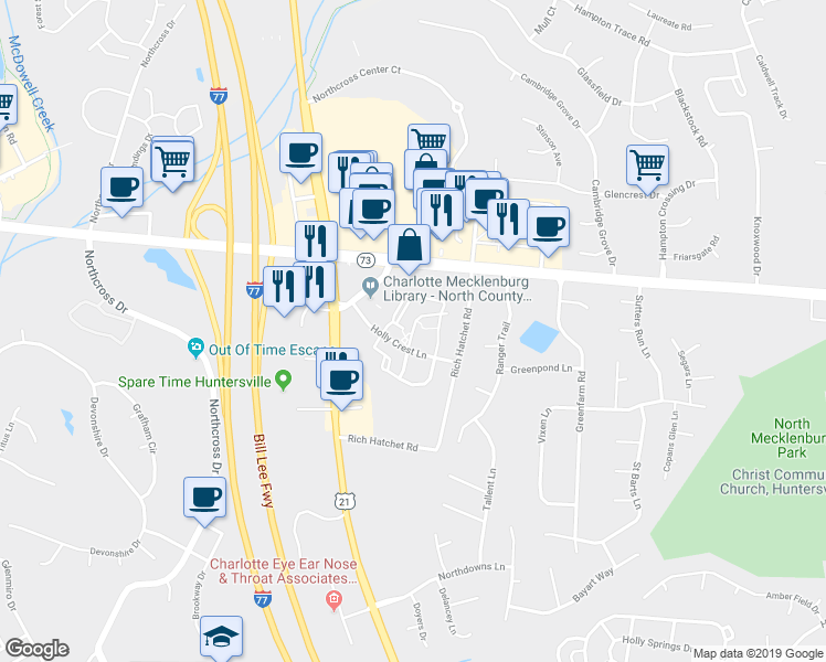 map of restaurants, bars, coffee shops, grocery stores, and more near Holly Center Drive in Huntersville