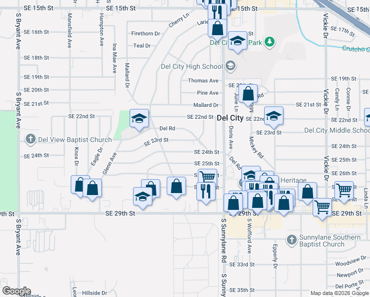map of restaurants, bars, coffee shops, grocery stores, and more near 4025 Southeast 23rd Street in Del City