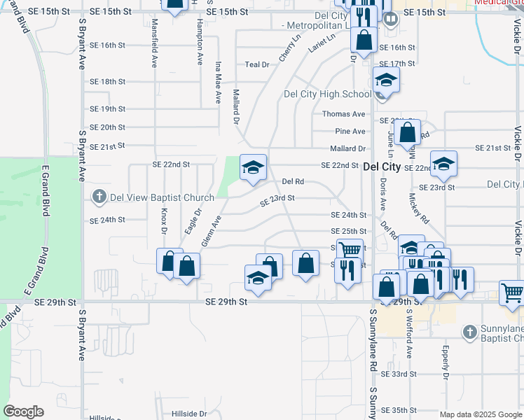map of restaurants, bars, coffee shops, grocery stores, and more near 3825 Southeast 23rd Street in Del City