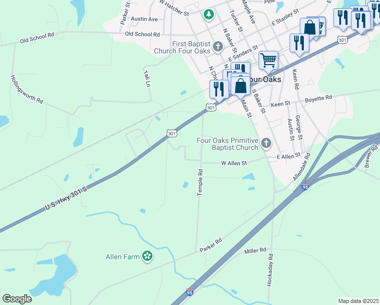 map of restaurants, bars, coffee shops, grocery stores, and more near 199-109 Allen Court in Four Oaks