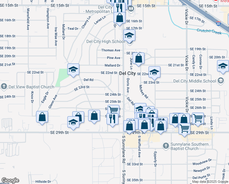 map of restaurants, bars, coffee shops, grocery stores, and more near 4217 Del Road in Del City