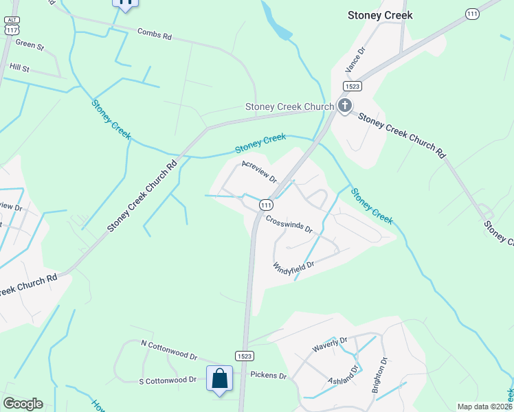 map of restaurants, bars, coffee shops, grocery stores, and more near 102 Creek Court in Goldsboro