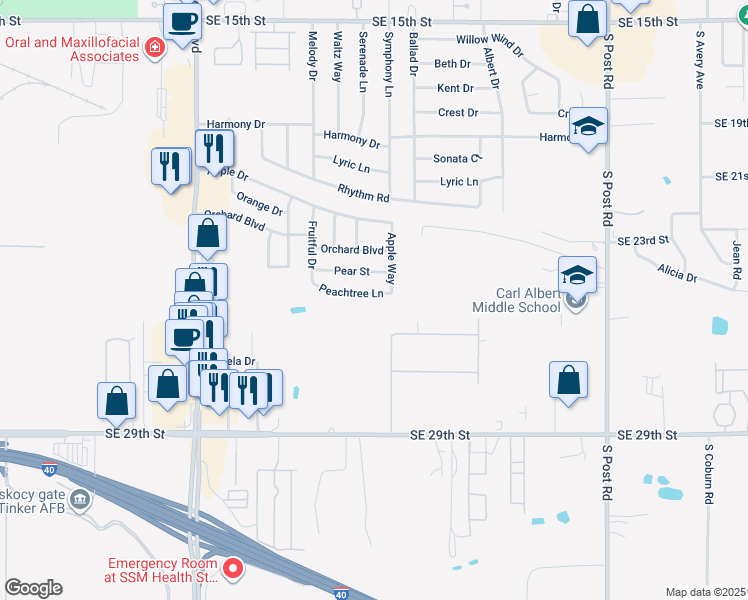 map of restaurants, bars, coffee shops, grocery stores, and more near 9422 Peachtree Lane in Midwest City