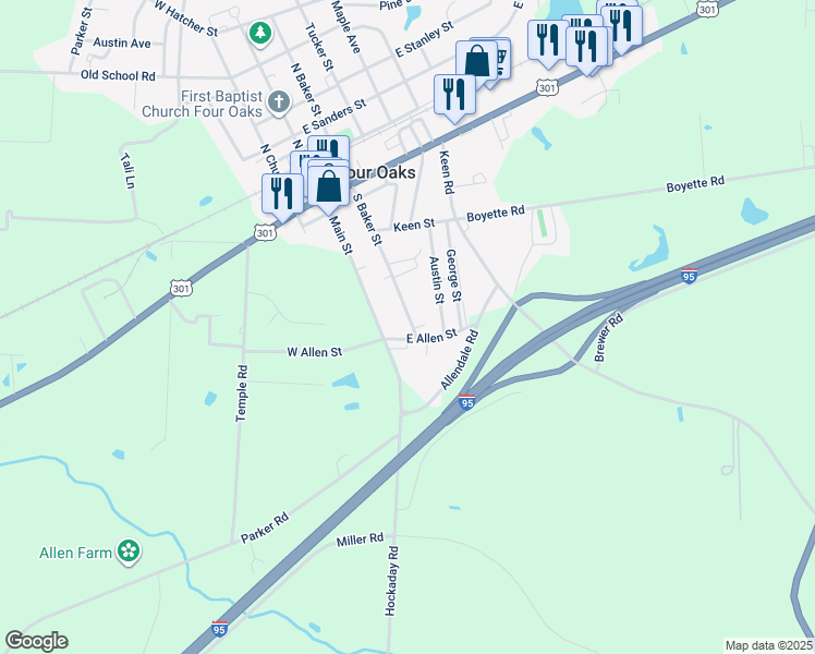 map of restaurants, bars, coffee shops, grocery stores, and more near 248 North Baker Street in Four Oaks