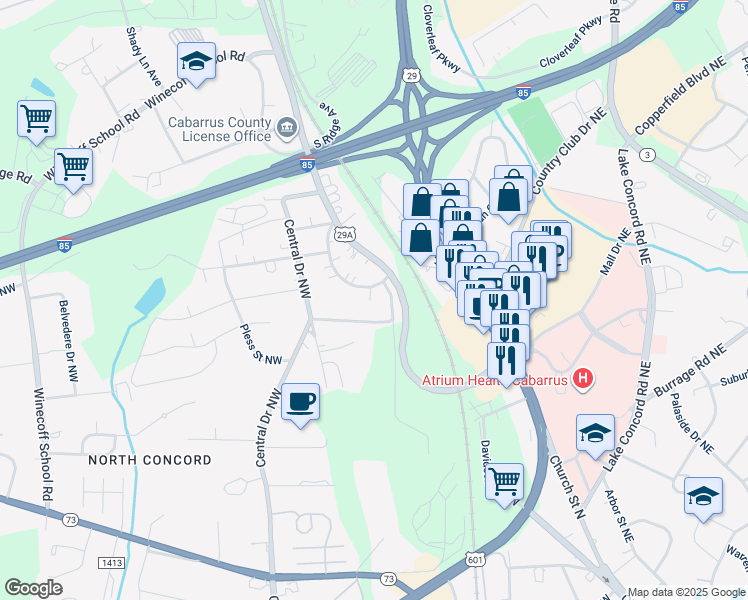 map of restaurants, bars, coffee shops, grocery stores, and more near 31 Willowbrook Drive Northwest in Concord